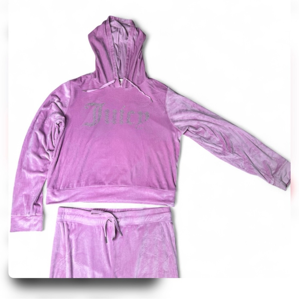 Juicy Couture Velour Track Set Sz Large Pink Bling Pullover Hoodie Pull On Pants